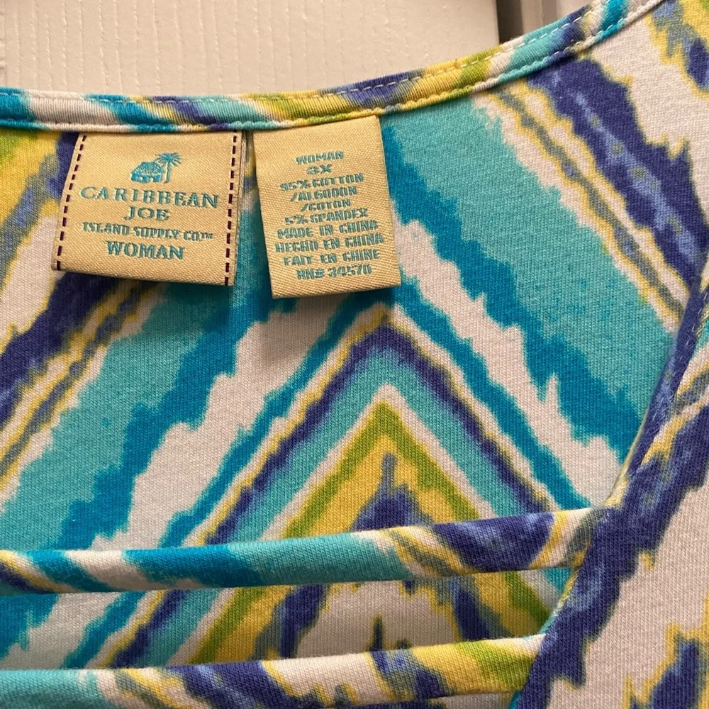 Caribbean Joe Plus 3X Turquoise Chevron Short Sleeved Knit Top, EUC - Picture 3 of 6